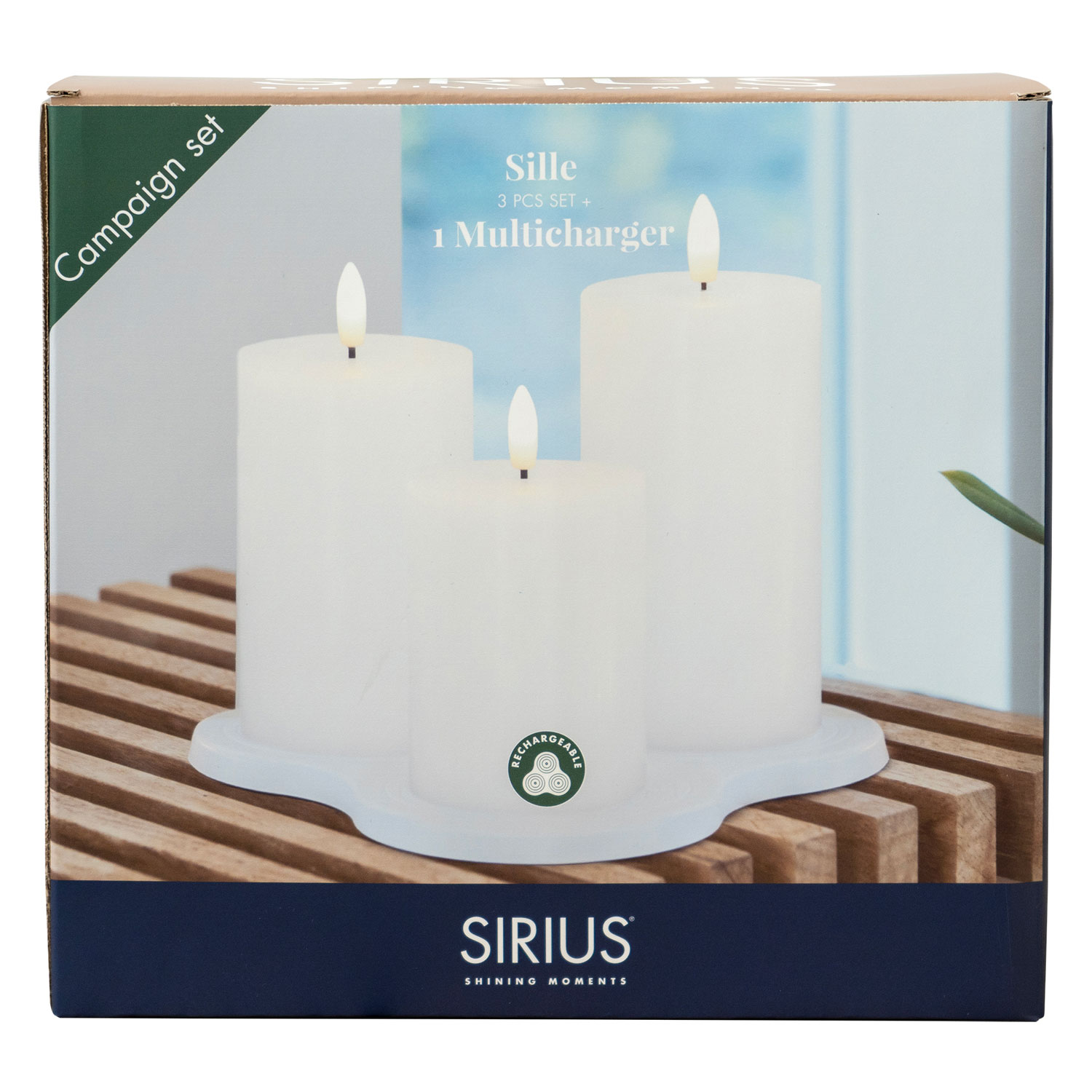Sille Rechargeable Pillar Candles 3 pcs set, White + Multicharger